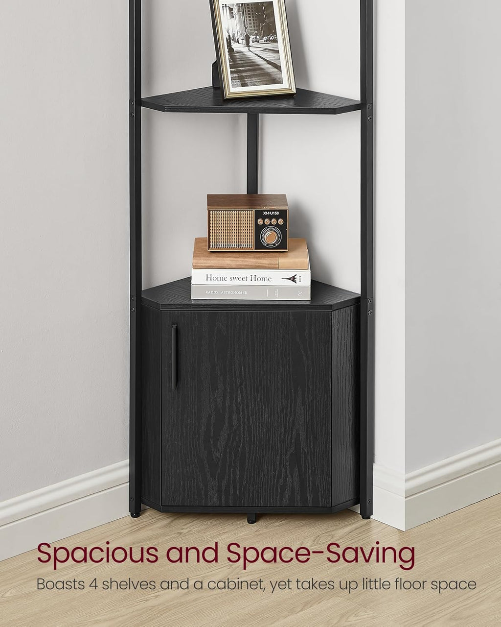 VASAGLE Corner Shelf with Storage, 5-Tier Corner Storage Cabinet, for Living Room, Bedroom, Kitchen, Bathroom, Ebony Black and Ink Black ULBC580B01