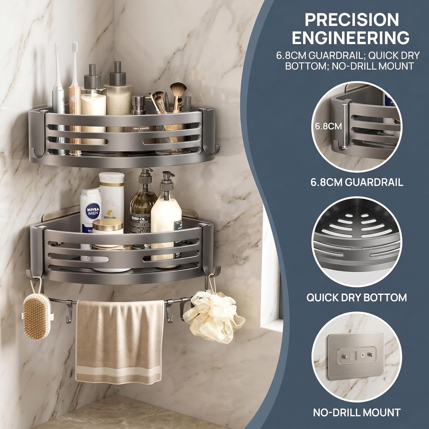 No-Drill Matte Gray Aluminum Adhesive Wall Mount Corner Shower Caddy, 2-Pack