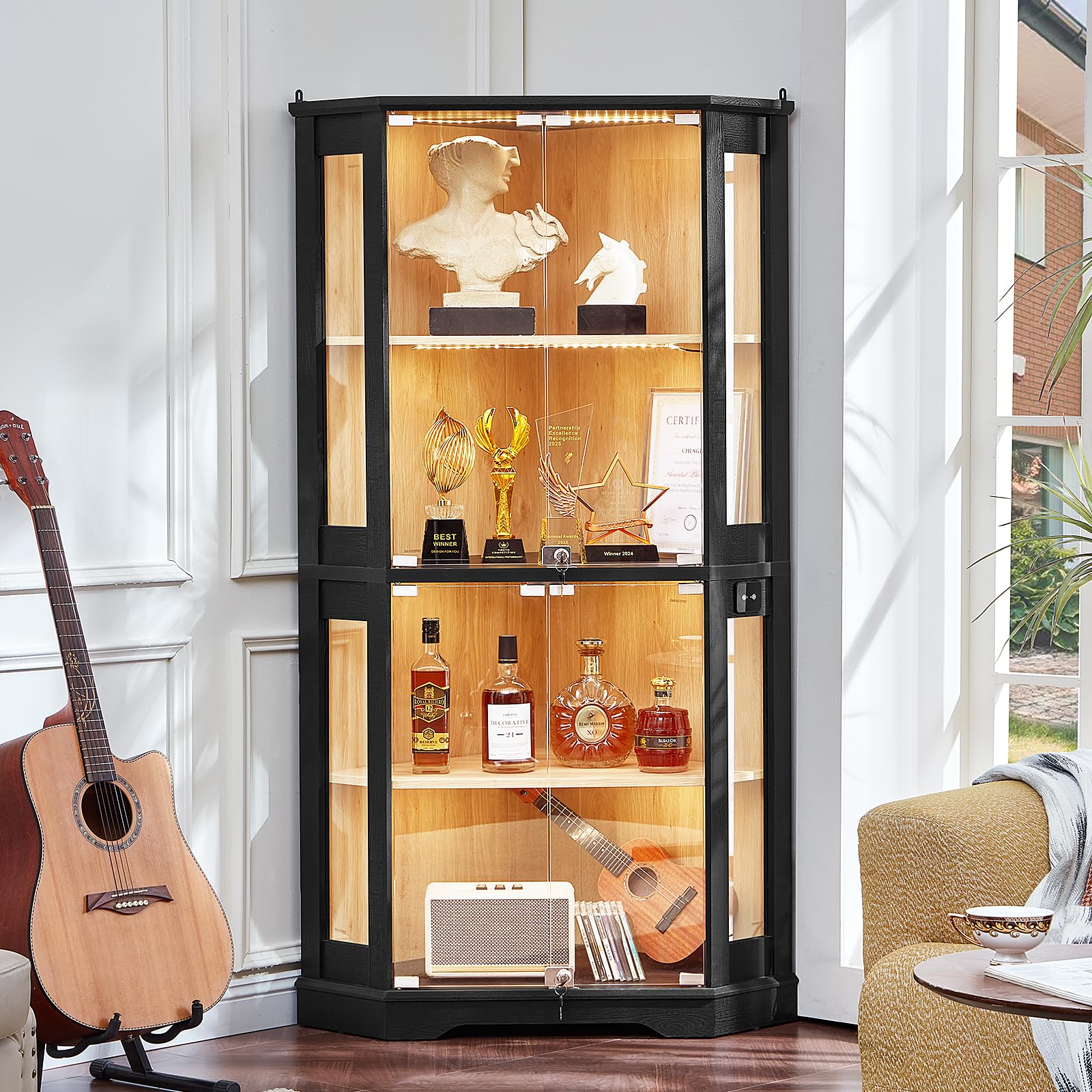 LELELINKY Farmhouse Corner Display Cabinet with Glass Doors, Corner Curio Cabinet with 3-Color LED Motion-Sensor Light, Walnut