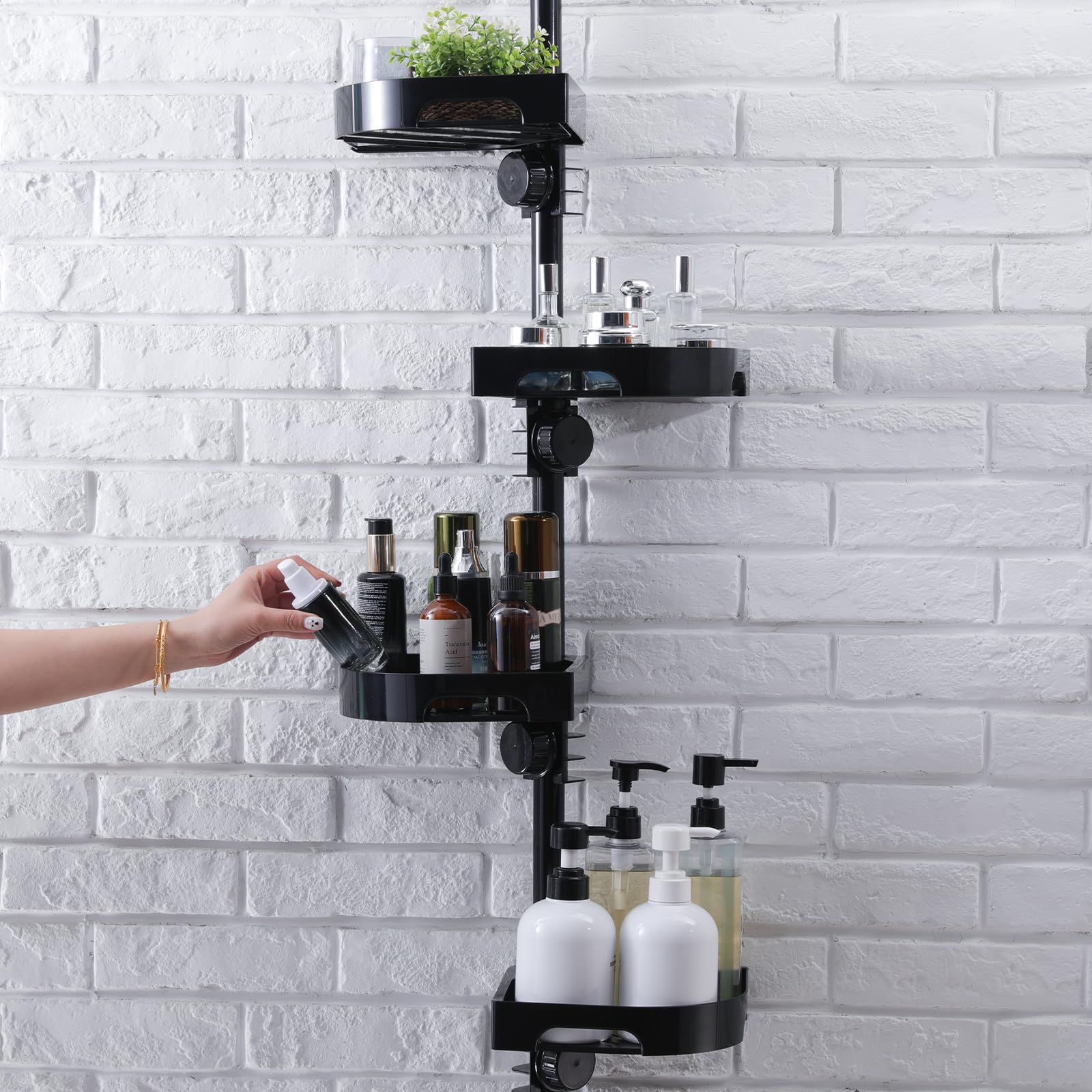 shuang qing 360° Rotating Corner Shower Caddy Tension Pole Organizer - 4-Tier Adjustable Rustproof Metal Pole, Plastic Shelves with Safety Guardrail, Bathroom Storage for Shower & Bathtub(Black)