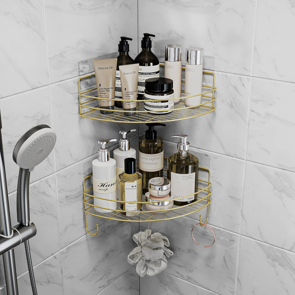 Corner Shower Shelves with 4 Hooks, 2-Tier Stainless Steel Bathroom Shower Organizers, Wall Mounted Caddy Shelves No Drilling with Adhesive, Triangle Storage Shelf for Toilet, Dorm and Kitchen, Gold