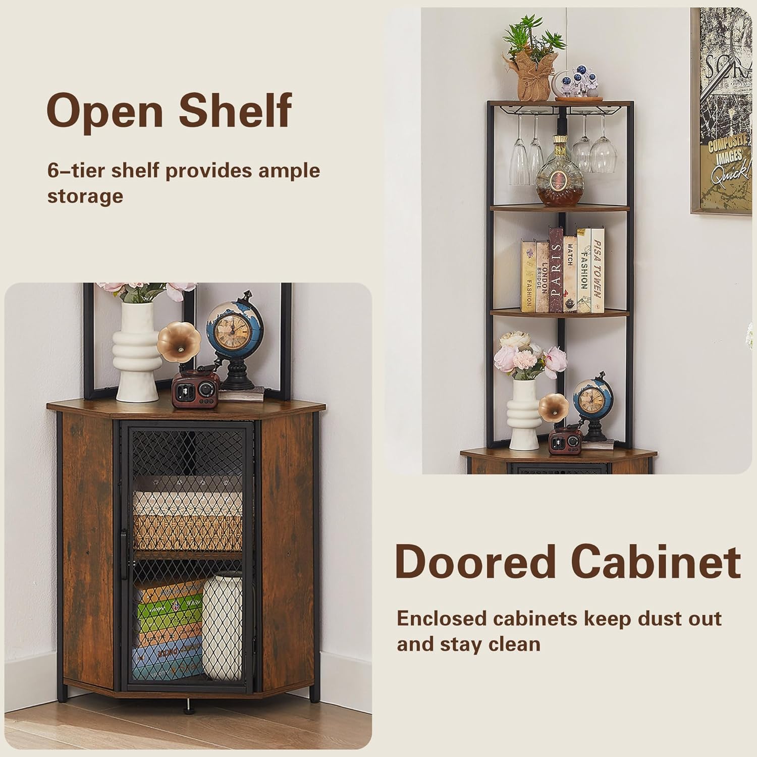 VECELO Corner Cabinet, Tall Storage Shelf, Bookshelf Display Shelves Rack for Living Room, Kitchen, Balcony, Small Space
