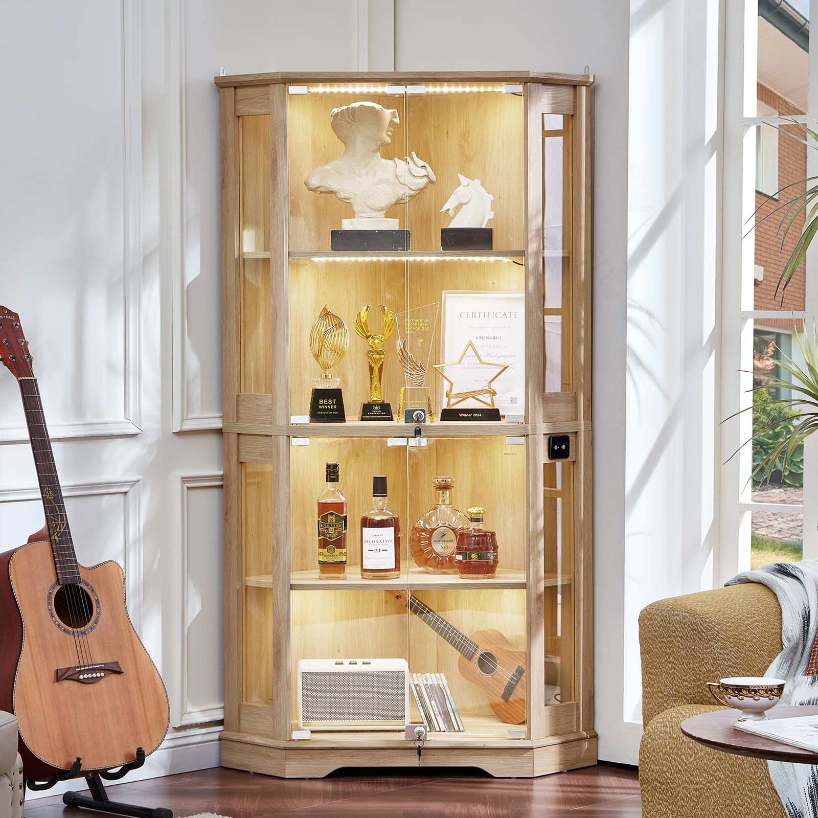 LELELINKY Farmhouse Corner Display Cabinet with Glass Doors, Corner Curio Cabinet with 3-Color LED Motion-Sensor Light, Walnut
