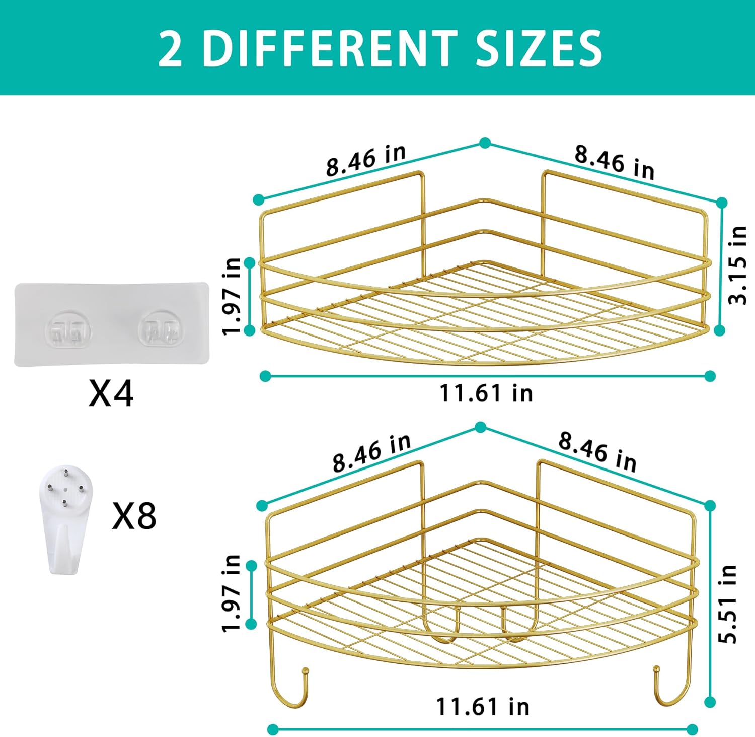 Corner Shower Shelves with 4 Hooks, 2-Tier Stainless Steel Bathroom Shower Organizers, Wall Mounted Caddy Shelves No Drilling with Adhesive, Triangle Storage Shelf for Toilet, Dorm and Kitchen, Gold