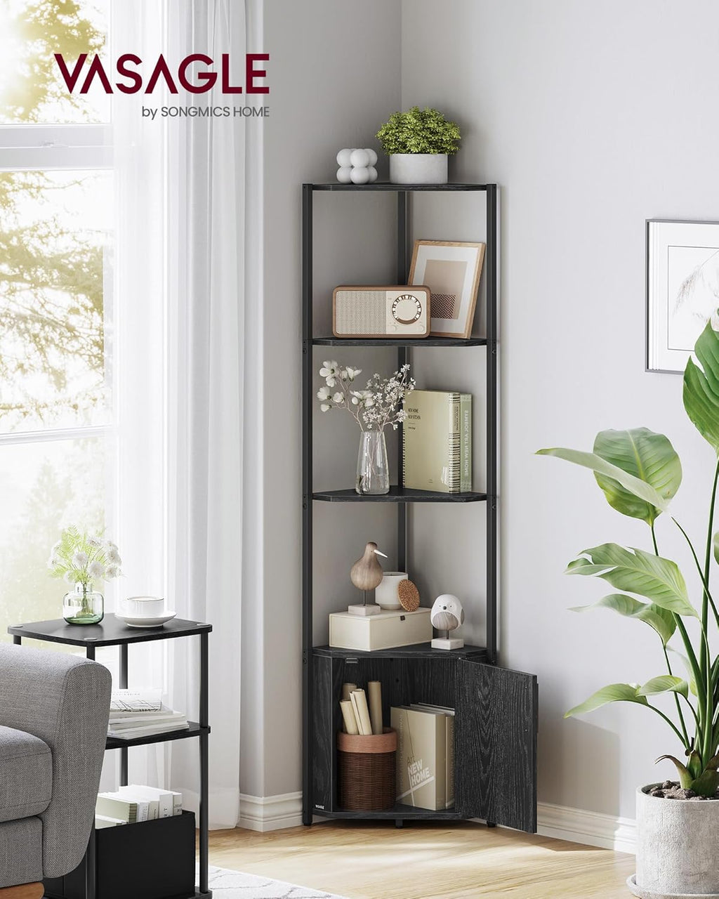 VASAGLE Corner Shelf with Storage, 5-Tier Corner Storage Cabinet, for Living Room, Bedroom, Kitchen, Bathroom, Ebony Black and Ink Black ULBC580B01