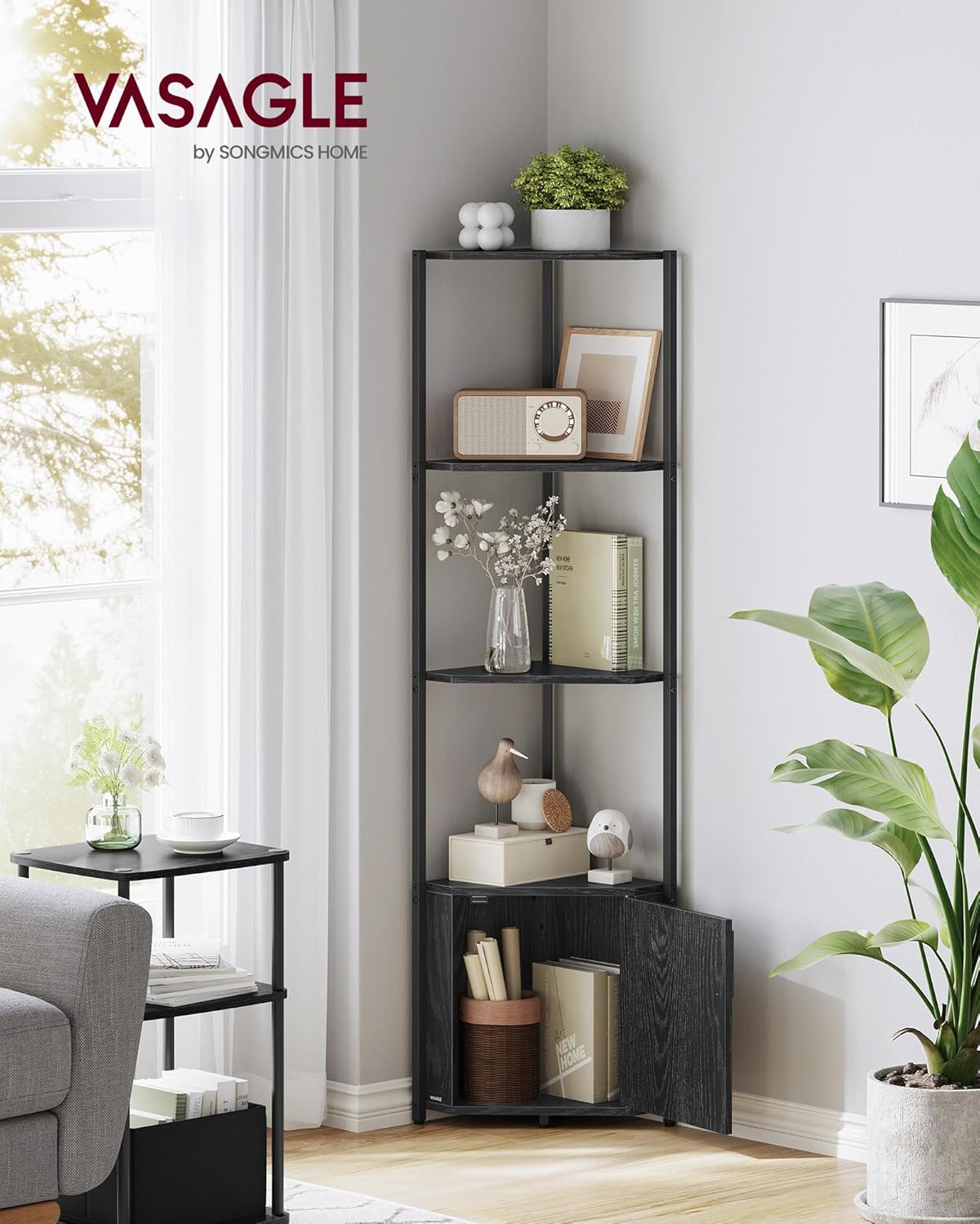 VASAGLE Corner Shelf with Storage, 5-Tier Corner Storage Cabinet, for Living Room, Bedroom, Kitchen, Bathroom, Ebony Black and Ink Black ULBC580B01