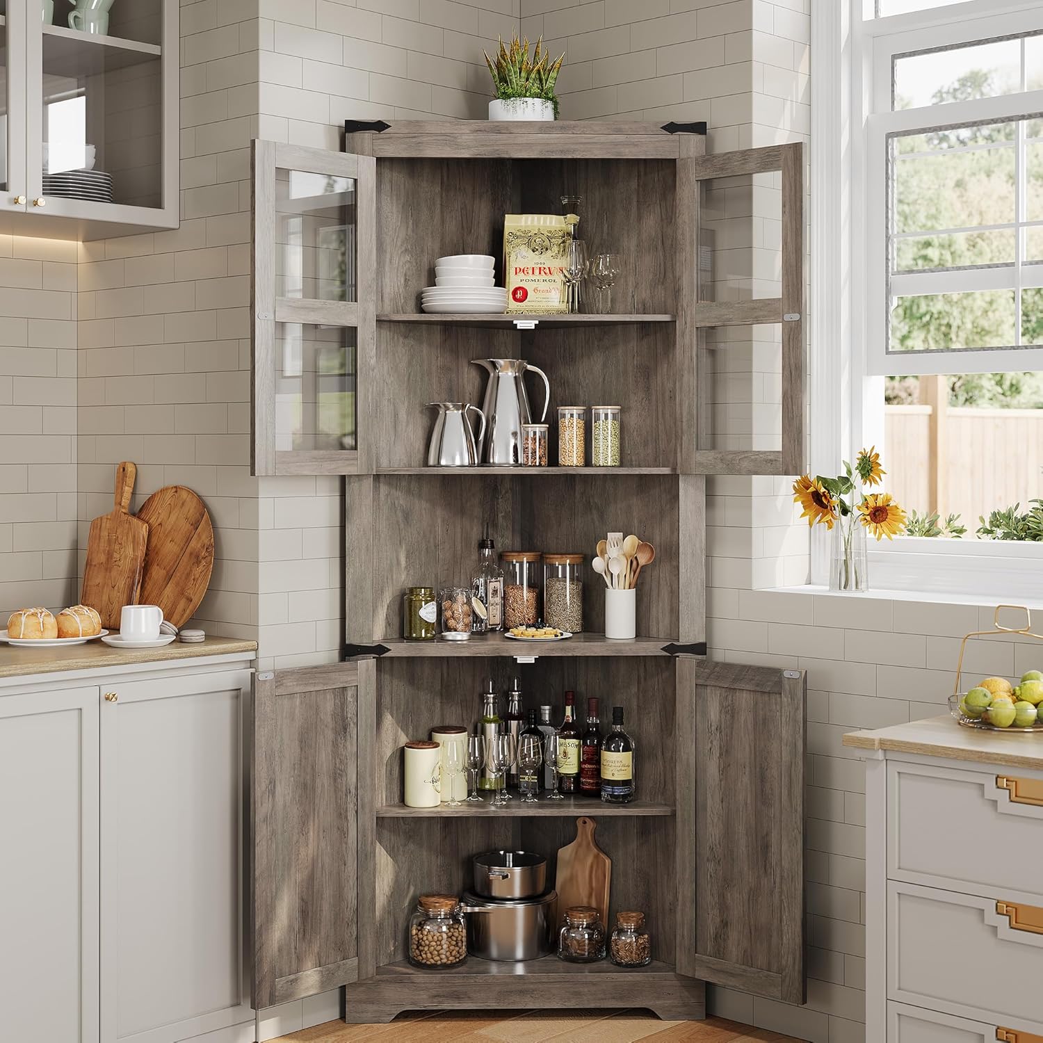 GarveeHome Tall Corner Cabinet, Farmhouse Corner Storage Cabinet with Glass Door & Adjustable Shelves, Space Saving Storage for Living Room, Kitchen, Bathroom, Washed Grey