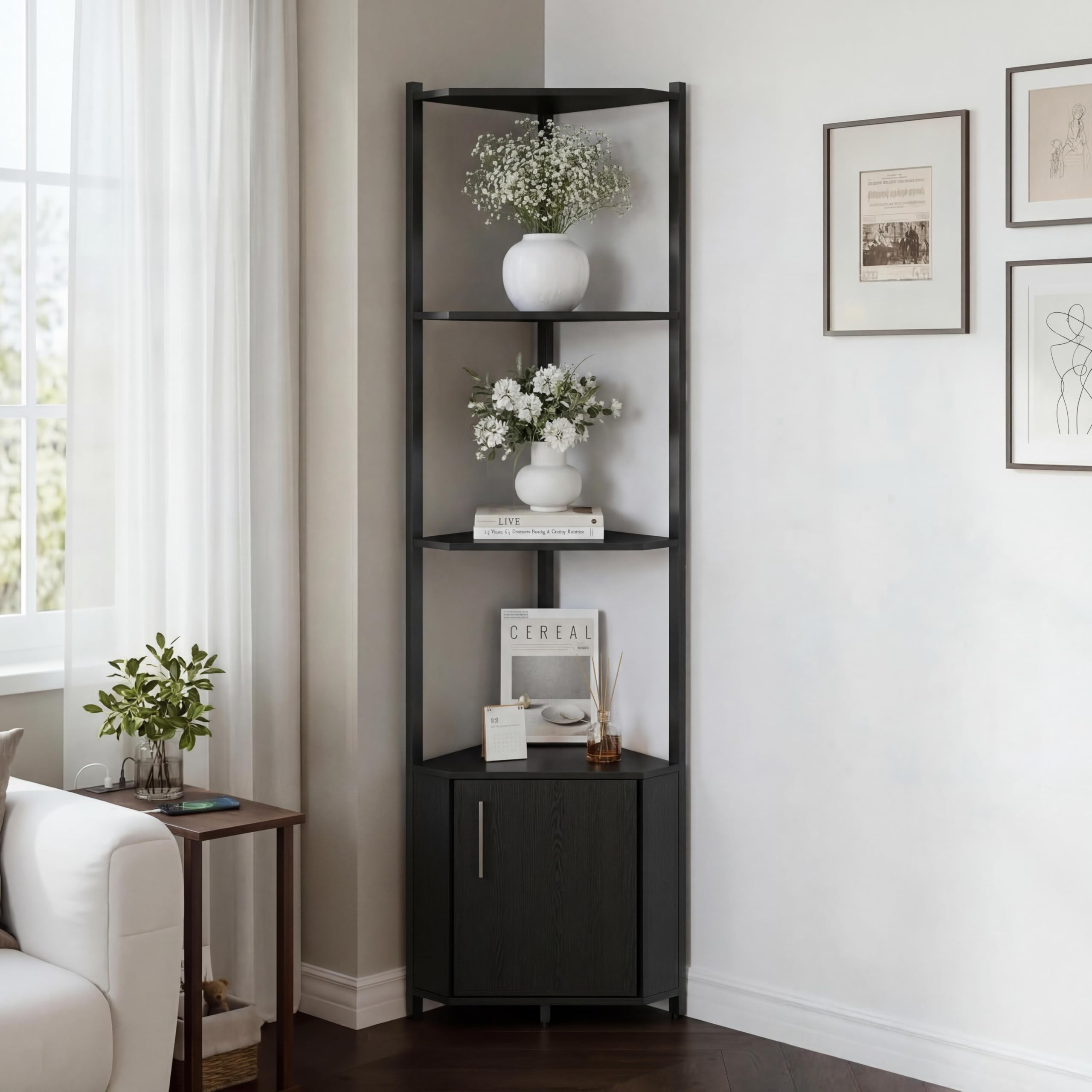 5-Tier Corner Shelf Stand, 58”Tall Metal Frame Narrow Bookshelf with Storage Rack, Easy Assembly Display Shelf for Wall Corner, Bedroom, Living Room, White