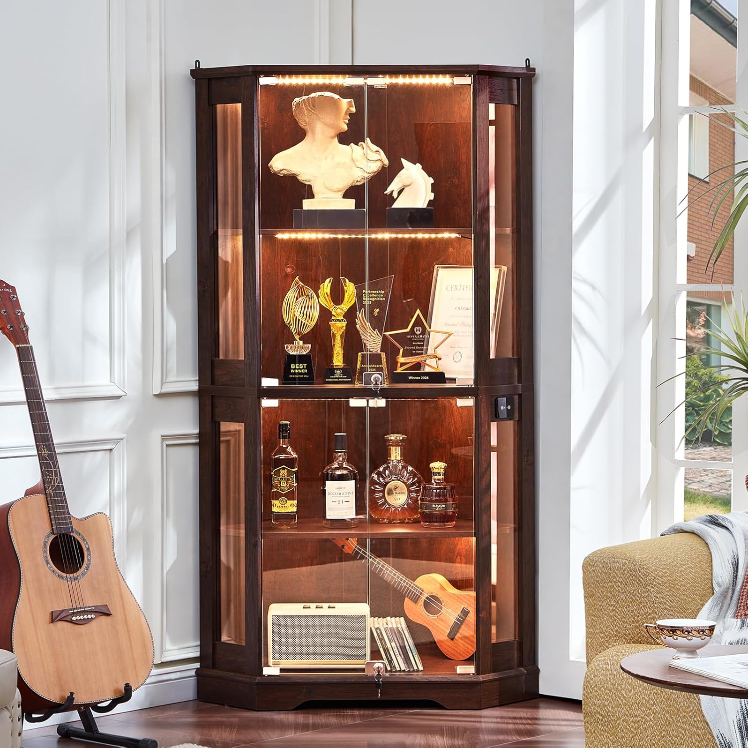 LELELINKY Farmhouse Corner Display Cabinet with Glass Doors, Corner Curio Cabinet with 3-Color LED Motion-Sensor Light, Walnut