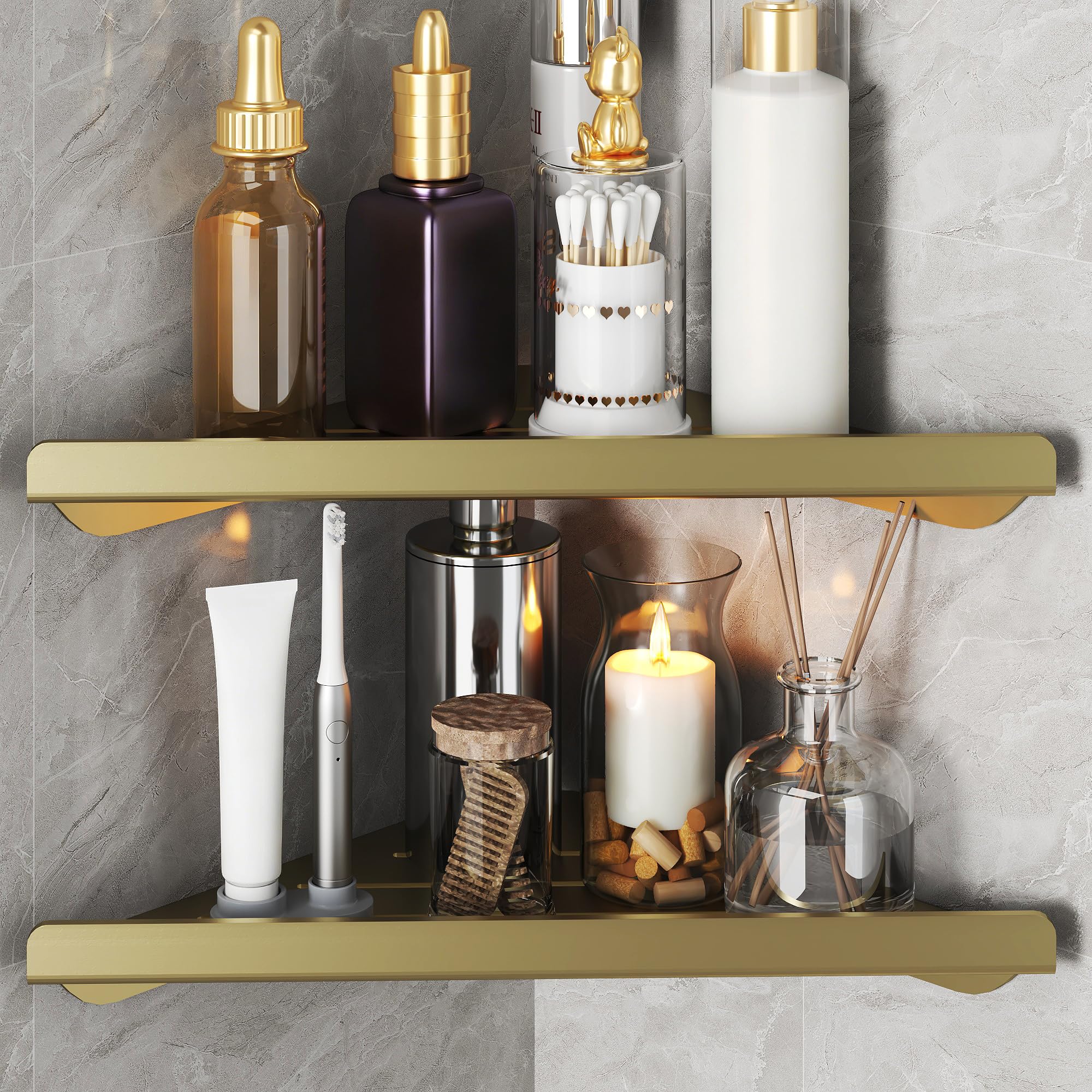 Corner Shower Shelves with 4 Hooks, 2-Tier Stainless Steel Bathroom Shower Organizers, Wall Mounted Caddy Shelves No Drilling with Adhesive, Triangle Storage Shelf for Toilet, Dorm and Kitchen, Gold