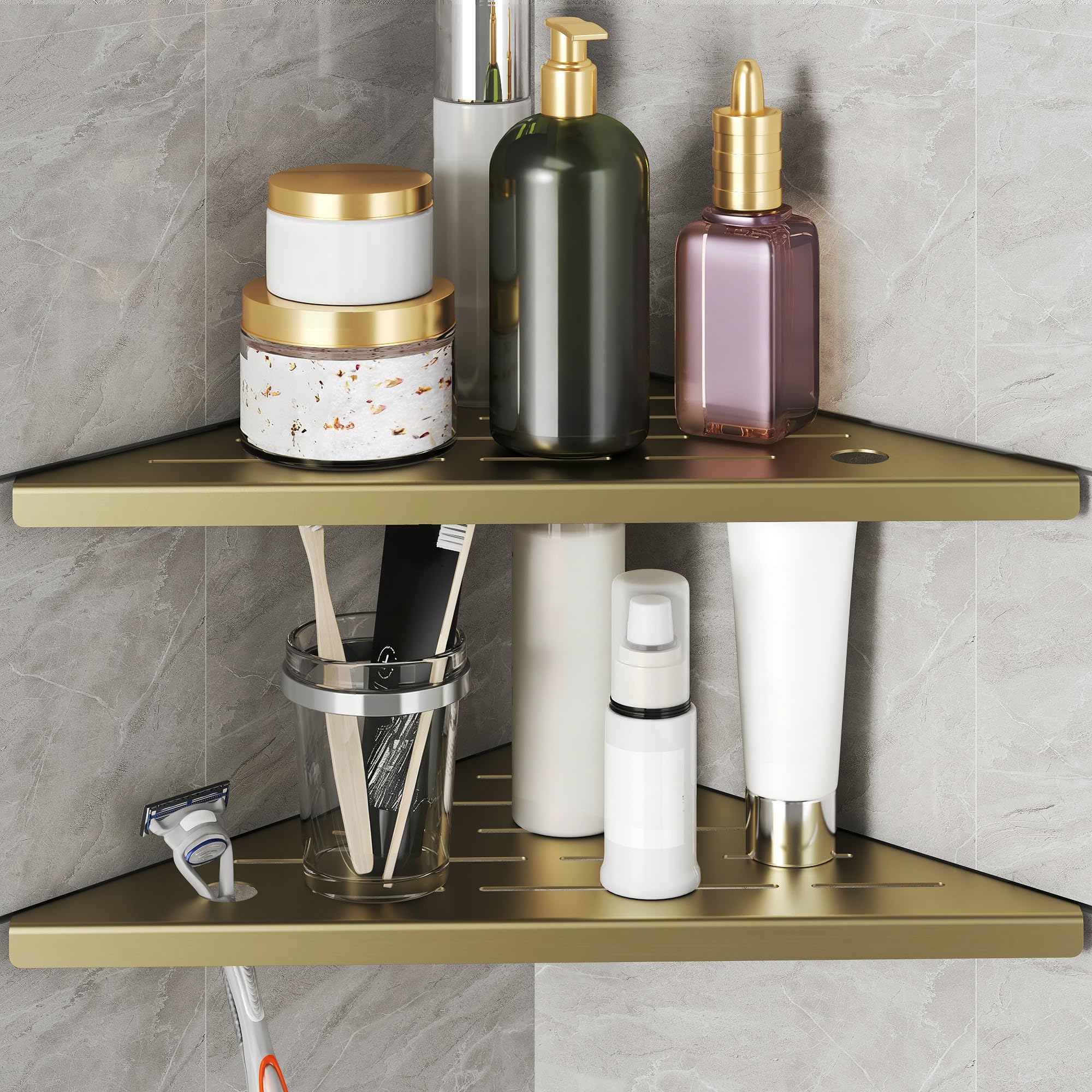 Corner Shower Shelves with 4 Hooks, 2-Tier Stainless Steel Bathroom Shower Organizers, Wall Mounted Caddy Shelves No Drilling with Adhesive, Triangle Storage Shelf for Toilet, Dorm and Kitchen, Gold