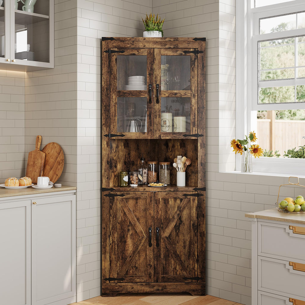 GarveeHome Tall Corner Cabinet, Farmhouse Corner Storage Cabinet with Glass Door & Adjustable Shelves, Space Saving Storage for Living Room, Kitchen, Bathroom, Washed Grey