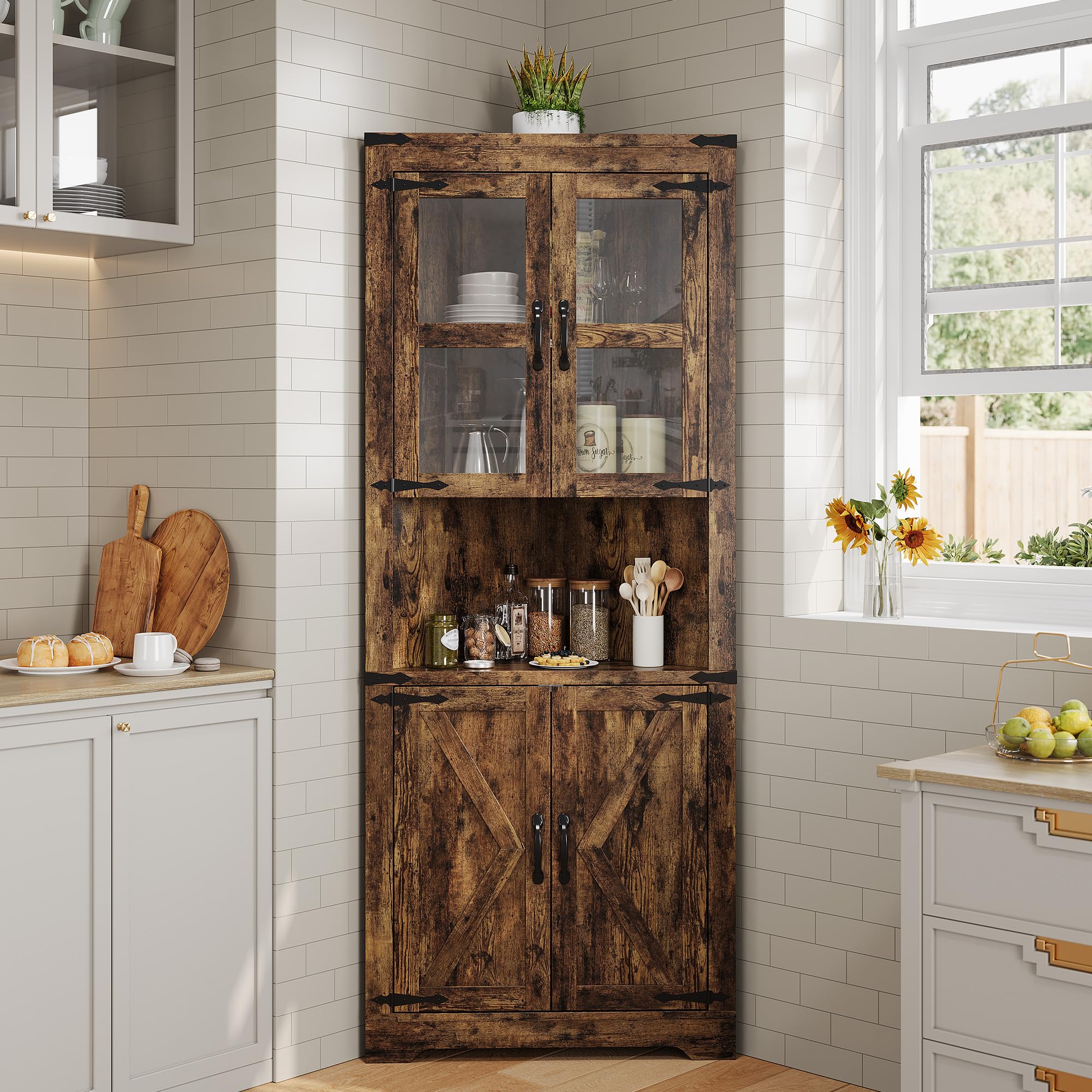 GarveeHome Tall Corner Cabinet, Farmhouse Corner Storage Cabinet with Glass Door & Adjustable Shelves, Space Saving Storage for Living Room, Kitchen, Bathroom, Washed Grey